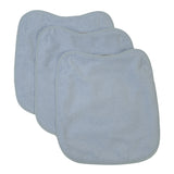 Pack de 3 babadores felpudos azul gelo com elástico. Lavável, exterior em tecido atoalhado e suporte à prova d'água. Medidas: 33