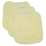Pack de 3 babadores amarelos com elástico. Lavável, exterior em tecido atoalhado e suporte à prova d'água. Medidas: 33x29cm